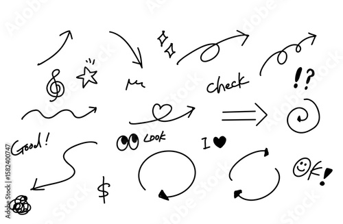 Black hand-drawn comic marks and arrows vector set. Sketch-style scribbles, symbols, and lines on transparent background.