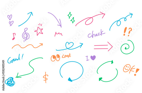 Hand-drawn comic marks and arrow vector set. Cute colorful sketch doodles, symbols, and icons on white background.