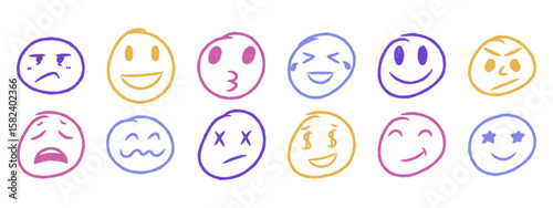 Crayon emoji face icons. Hand drawn colorful doodle emoticons with happy, surprised, and silly expressions.