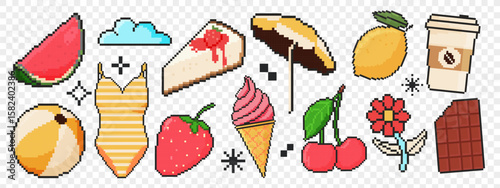 8 bit summer icon set. Pixel art object. Old school vintage game graphics. Watermelon, cloud, cheesecake, beach umbrella, ball, swimsuit.