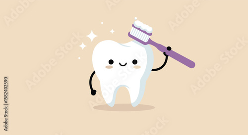 A happy cartoon tooth character holds a toothbrush with toothpaste, promoting dental care and oral hygiene, isolated on a neutral background