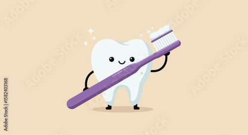 A happy cartoon tooth character holds a toothbrush with toothpaste, promoting dental care and oral hygiene, isolated on a neutral background