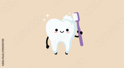 A happy cartoon tooth character holds a toothbrush with toothpaste, promoting dental care and oral hygiene, isolated on a neutral background