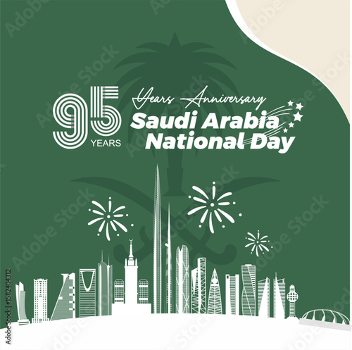 Modern elegant 95 years Saudi Arabia National Day 2025 poster illustration design with 95 logo and Saudi skyline silhouette. Saudi national pride background. Vector Illustration