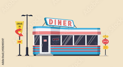 A charming retro diner stands ready to serve customers with its classic american roadside appeal