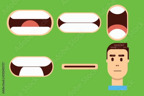Flat vector illustration of various cartoon mouth shapes for lip sync, talking animation, and motion graphics. Ideal for character design, explainer videos, and multimedia projects.