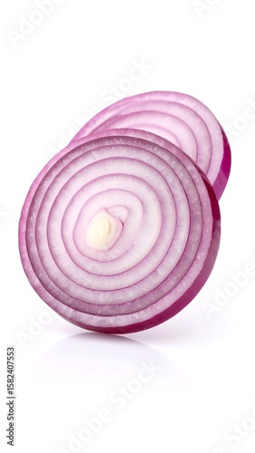 Two sliced red onion rings, overlapping, on white background