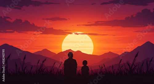 Silhouette of two children watching sunset over mountains
