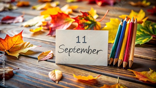 A reminder for september 11th is placed among colorful autumn leaves on a wooden table
