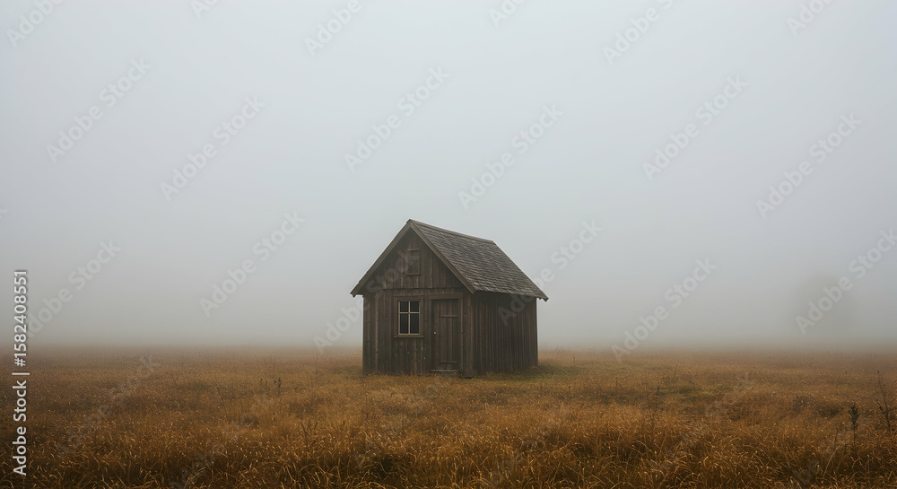 Lonely Cabin in Misty Field Serene Autumn Landscape Lonely Cabin in Misty Field Serene Autumn Landscape