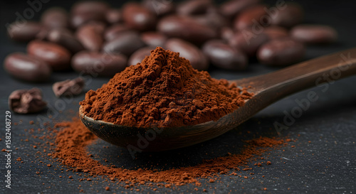 Rich Aromatic Cocoa Powder in Wooden Spoon Beans