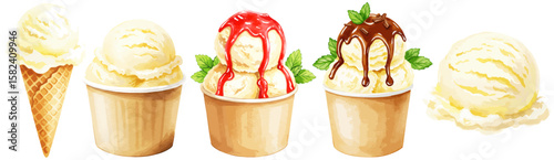 チョコレートとストロベリーソースの掛かったバニラアイスクリームの水彩ベクターイラストセット コーンアイス/ カップアイス