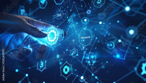 Wallpaper Mural 5G network technology banner background with a hand on a gear button and icons of a cloud, satellite, tablet, phone, and other connection devices in a blue glowing light web graphics, posters. Torontodigital.ca