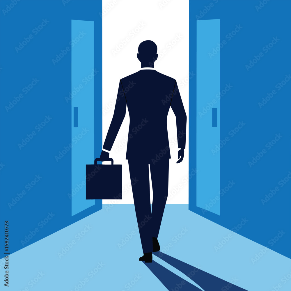 Fototapeta premium Businessman standing in front of door vector illustration silhouette office suit concept