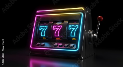 Glowing neon slot machine, casino jackpot win, online gambling entertainment concept