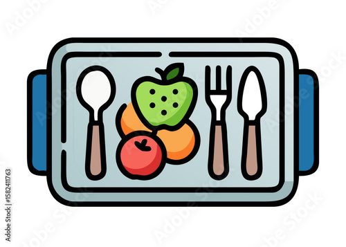 Lunch tray with vegetables, apple, and utensils