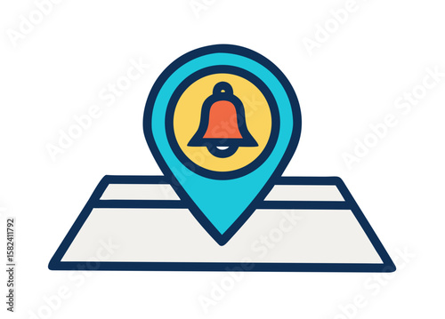 Map pin with school bell icon in flat style
