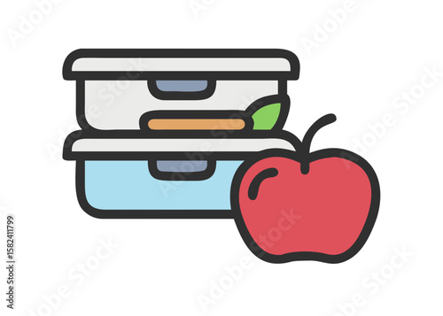 Lunch containers with apple in flat style