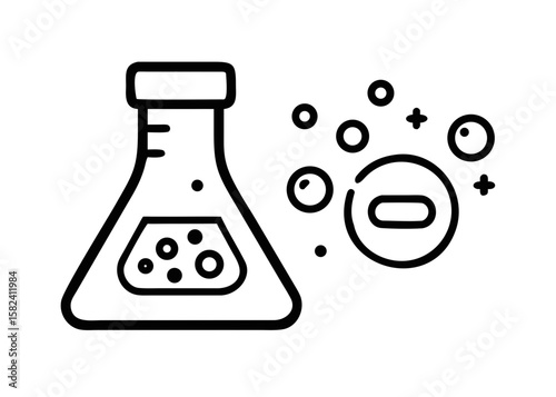 Chemistry flask and ions icon in black and white
