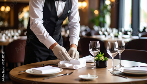 A restaurant waiter was wiping the table with gloves and cleaning spray