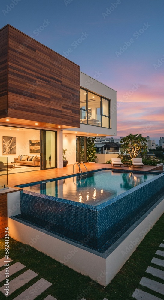 Fototapeta premium Modern home with infinity pool at dusk
