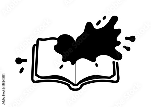 Open book with large black ink splash