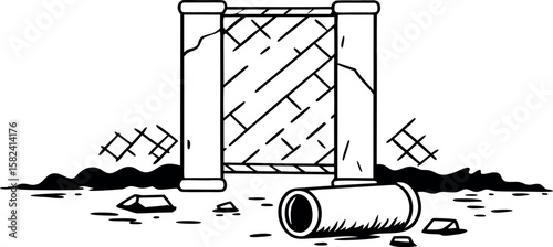 "Broken Wall with Pipe and Debris Illustration"