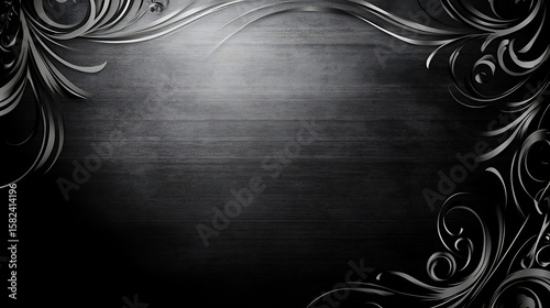 Dark, ornate background with silver-gray floral accents