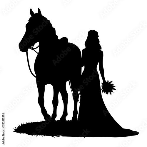 Silhouette of bride with horse, flowers for rustic wedding, copyspace
