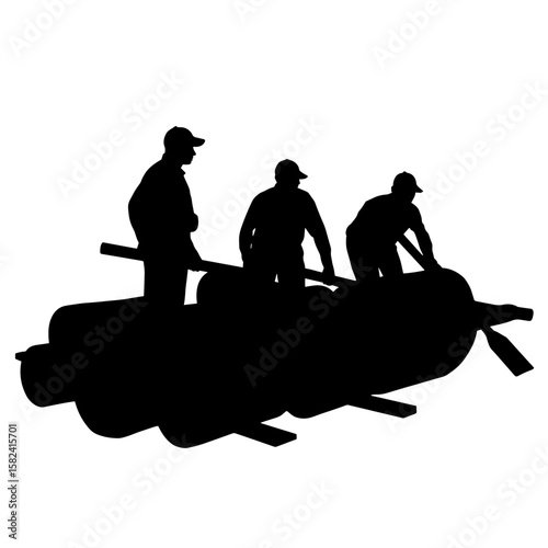 Silhouette of group building raft with barrels, teamwork, innovation
