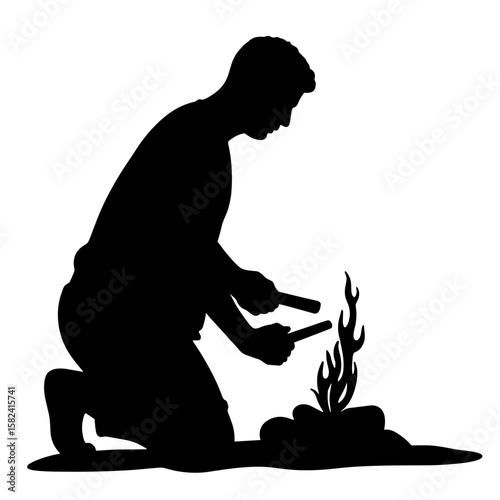 Silhouette of person kneeling to start fire with flint – Survival skill, copyspace