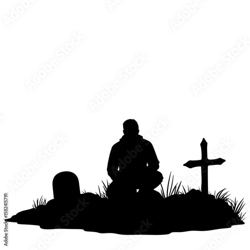Silhouette of a lone survivor mourning at a grave – grief and loss, remembrance