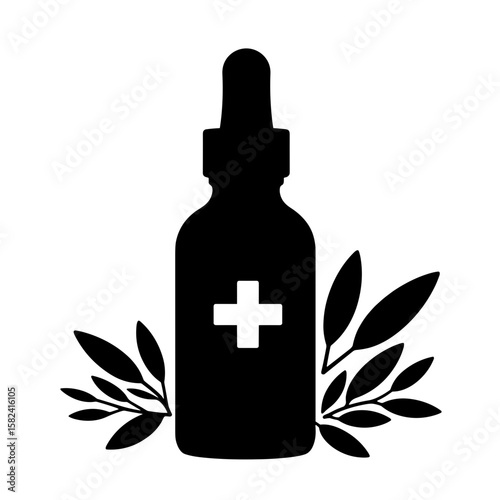 Silhouette of herbal medicine bottle with cross and leaves – natural remedy, health