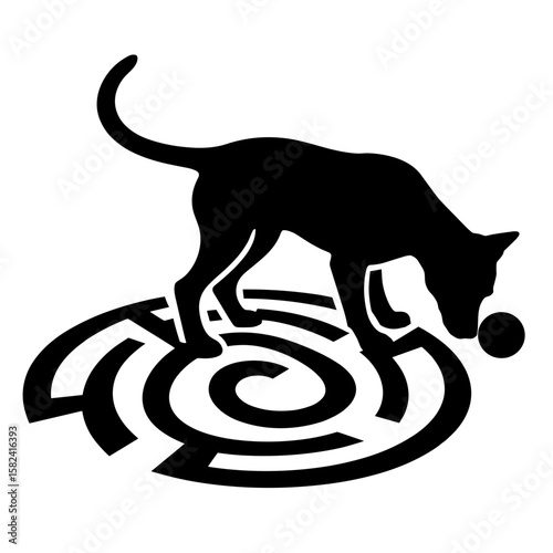 Silhouette of dog sniffing around maze treat ball – Scent challenge, copyspace