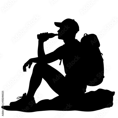 Hiker silhouette resting with water bottle – Outdoor wellness refreshment