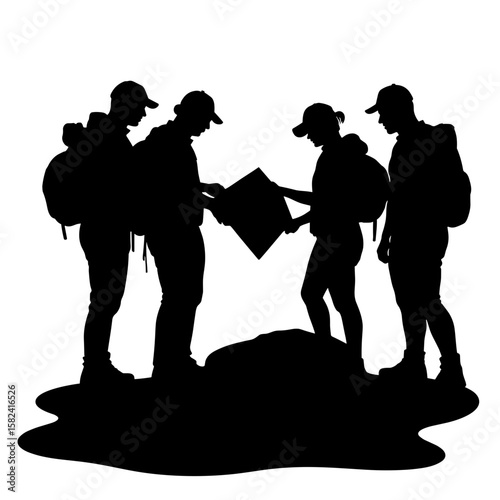 Silhouette of hikers with map at trail junction – teamwork in outdoor navigation