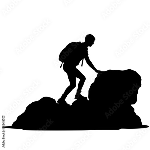 Silhouette of backpacker climbing rocky boulder – Adventure exploration, outdoors