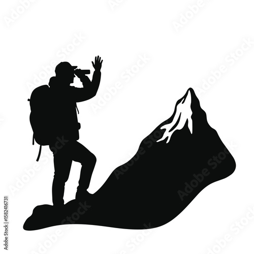 Hiker waving with binoculars at mountain summit, outdoor adventure vision