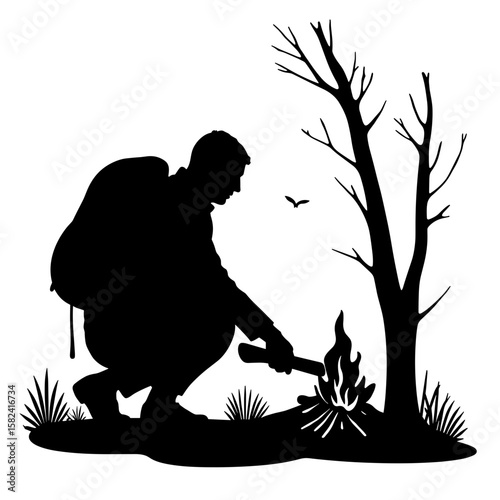 Silhouette of backpacker lighting campfire – outdoor survival skills, copyspace