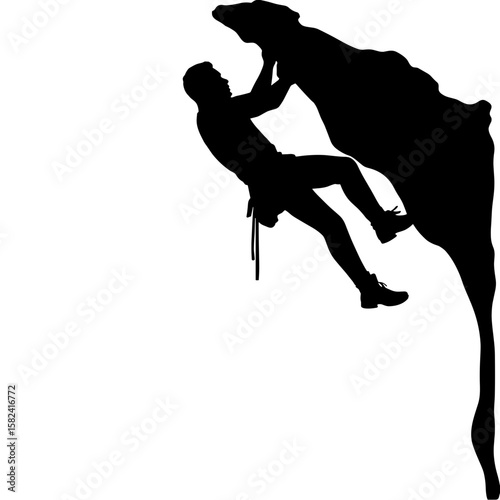 Silhouette of climber scaling rock overhang, extreme adventure challenge