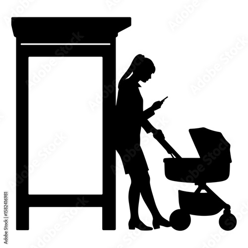 Silhouette of woman texting at bus stop with stroller – On-the-Go job search mobility, copy-space