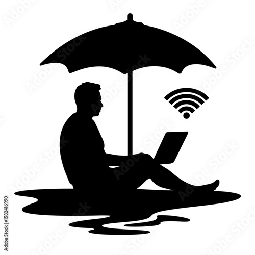 Silhouette of digital nomad under umbrella with laptop – Remote work freedom, connectivity