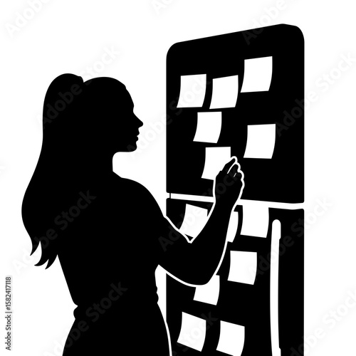 Silhouette of woman placing sticky notes on fridge – Personal motivation, copyspace