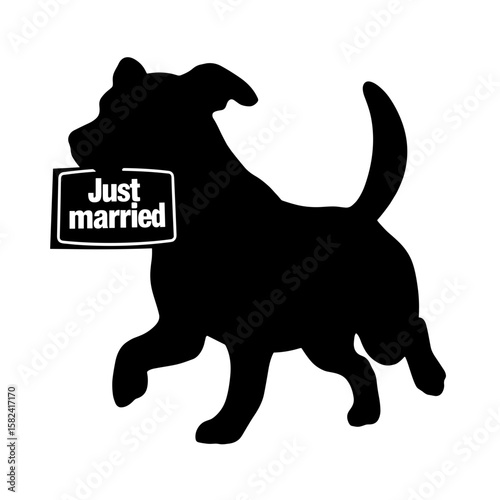 Dog silhouette carrying "Just Married" sign – playful wedding announcement, copyspace
