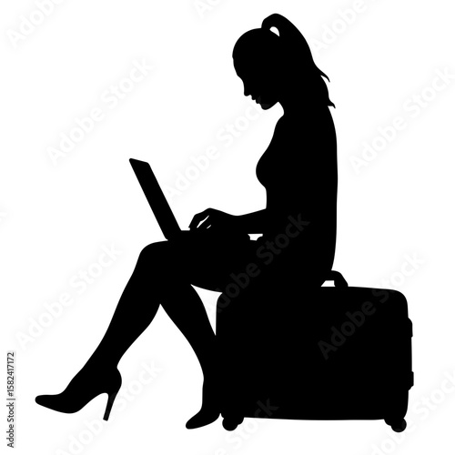 Silhouette of woman working on laptop sitting on suitcase, remote work travel