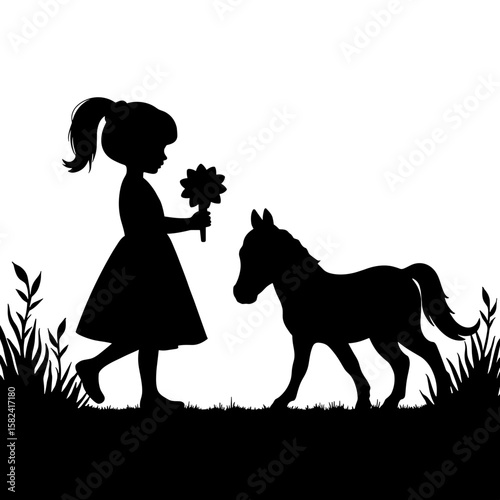 Silhouette of flower girl with pony – Childhood whimsy and charm, animal parade