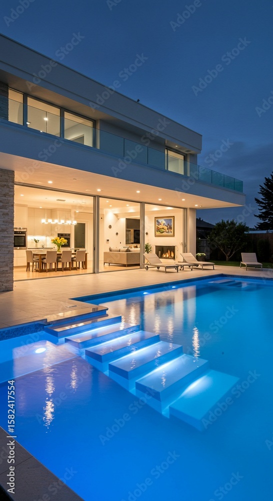 Fototapeta premium Modern house exterior with pool at night