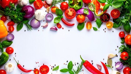 Fresh vegetables and herbs border on white background tomatoes peppers onions garlic basil rosemary