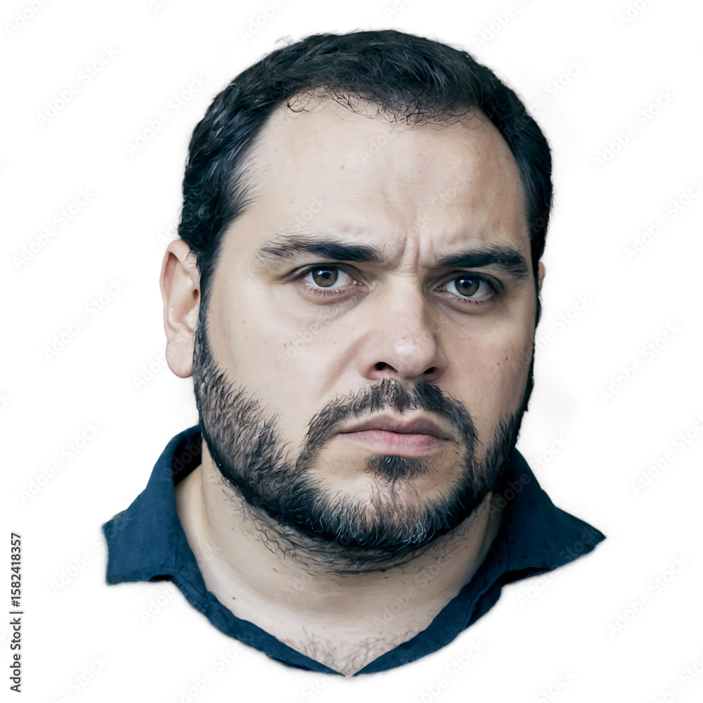 Fototapeta premium Serious man with dark hair and beard wearing blue shirt isolated on a transparent background