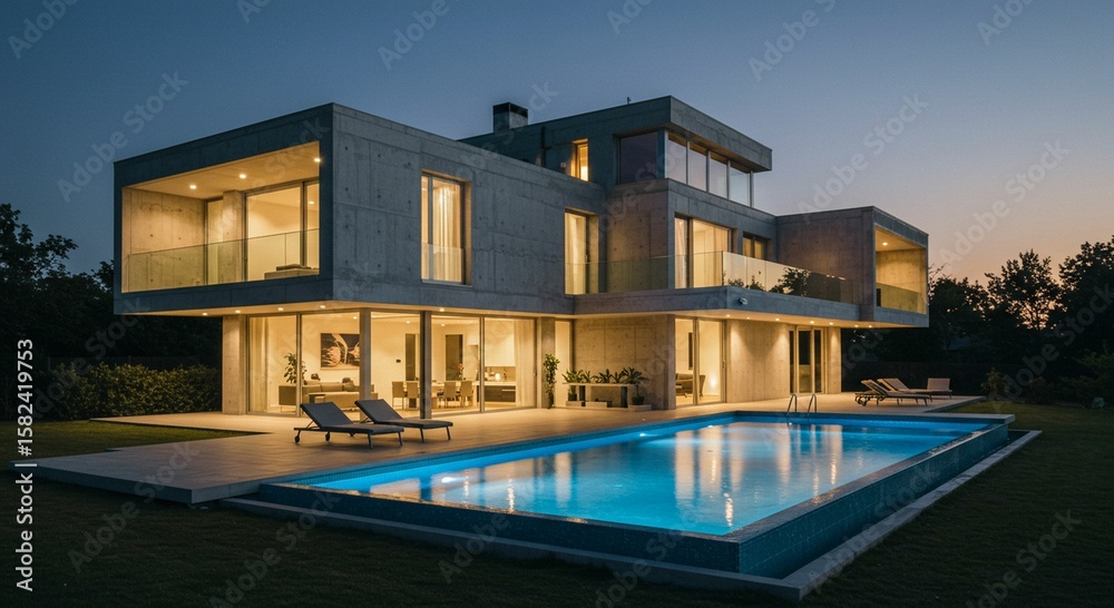 Obraz premium Modern house pool night view